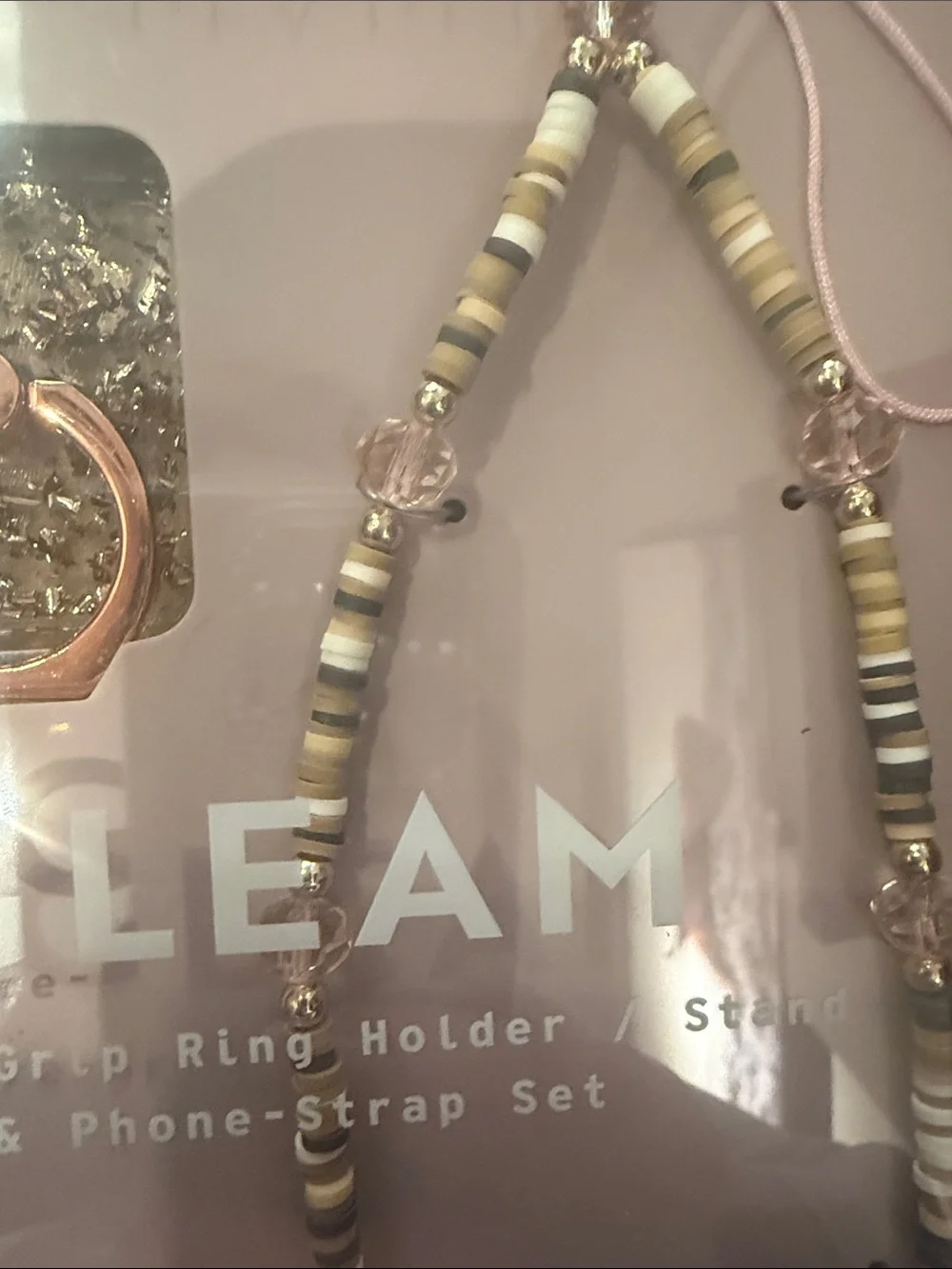MVMT Pink Cord & Rose Gold Ring with Cream and Black Striped Beaded Strap